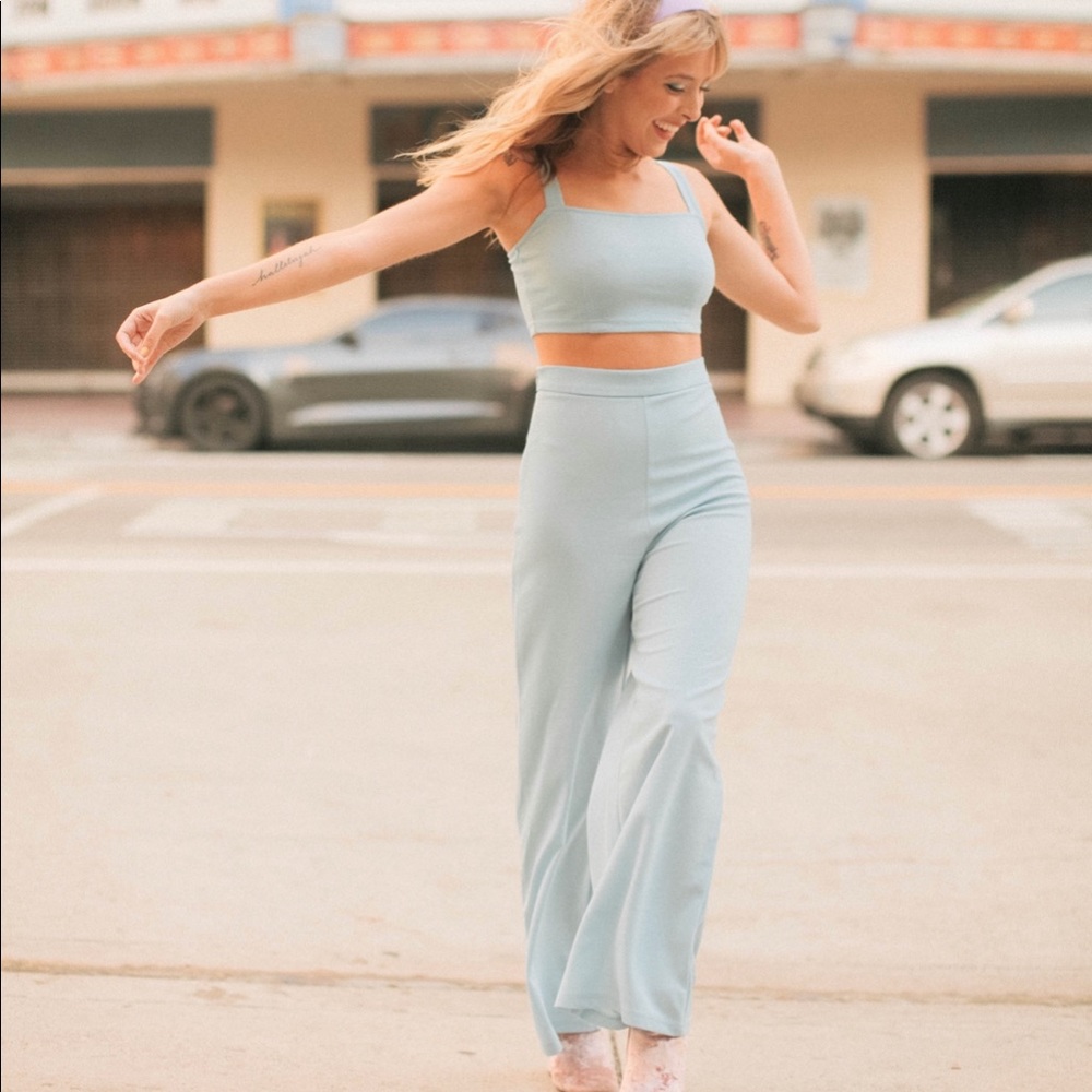 SHEIN Light Blue Two-Piece Crop Top & Wide Leg Pants Set